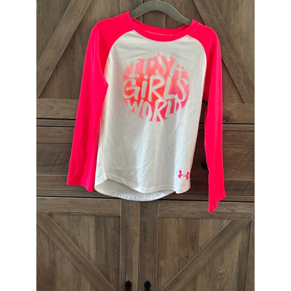Under Armour Girls It's a Girls World Raglan Long Sleeve Shirt Neon Pink White 5